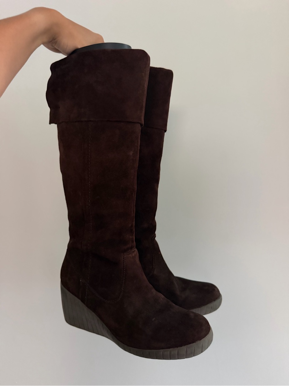 Hush Puppies Tall Suede Wedge Boots in Dark Brown